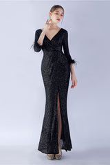 Marineblaues V-Ausschnitt Ballkleid mit Pailletten und halben Ärmeln und Federn