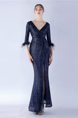 Marineblaues V-Ausschnitt Ballkleid mit Pailletten und halben Ärmeln und Federn