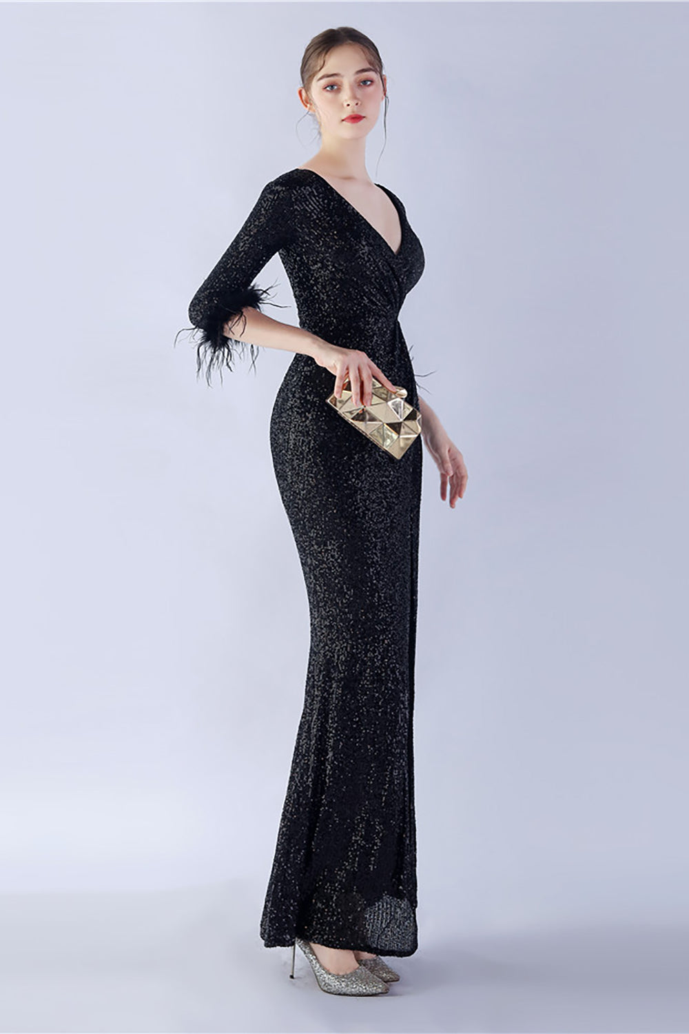 Marineblaues V-Ausschnitt Ballkleid mit Pailletten und halben Ärmeln und Federn