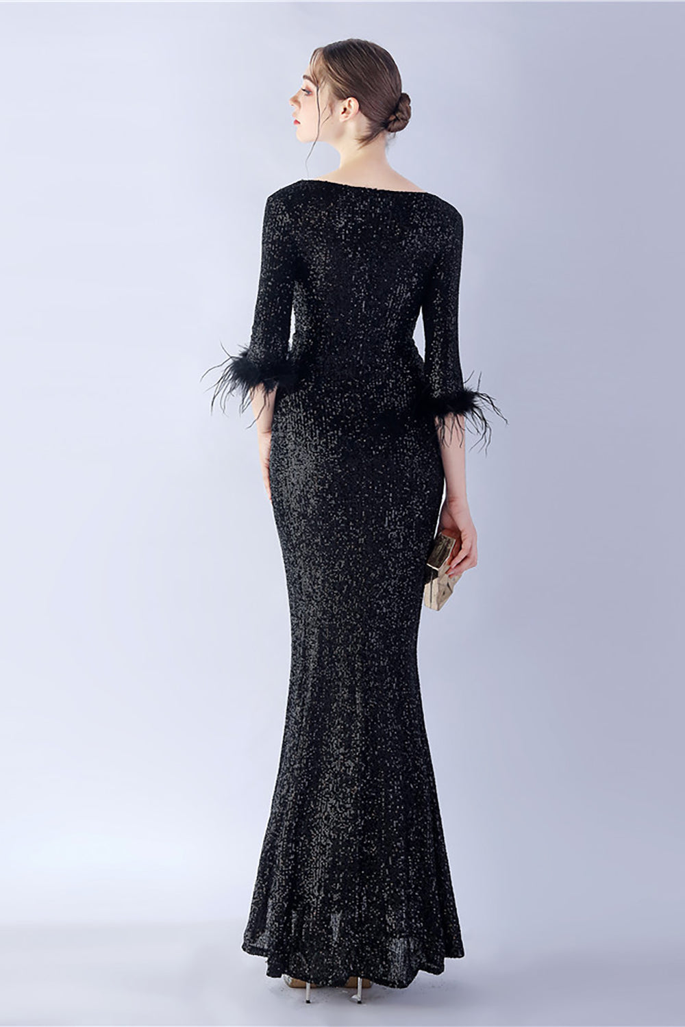 Marineblaues V-Ausschnitt Ballkleid mit Pailletten und halben Ärmeln und Federn