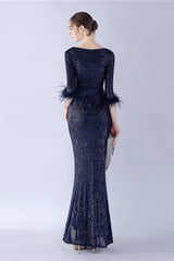 Marineblaues V-Ausschnitt Ballkleid mit Pailletten und halben Ärmeln und Federn