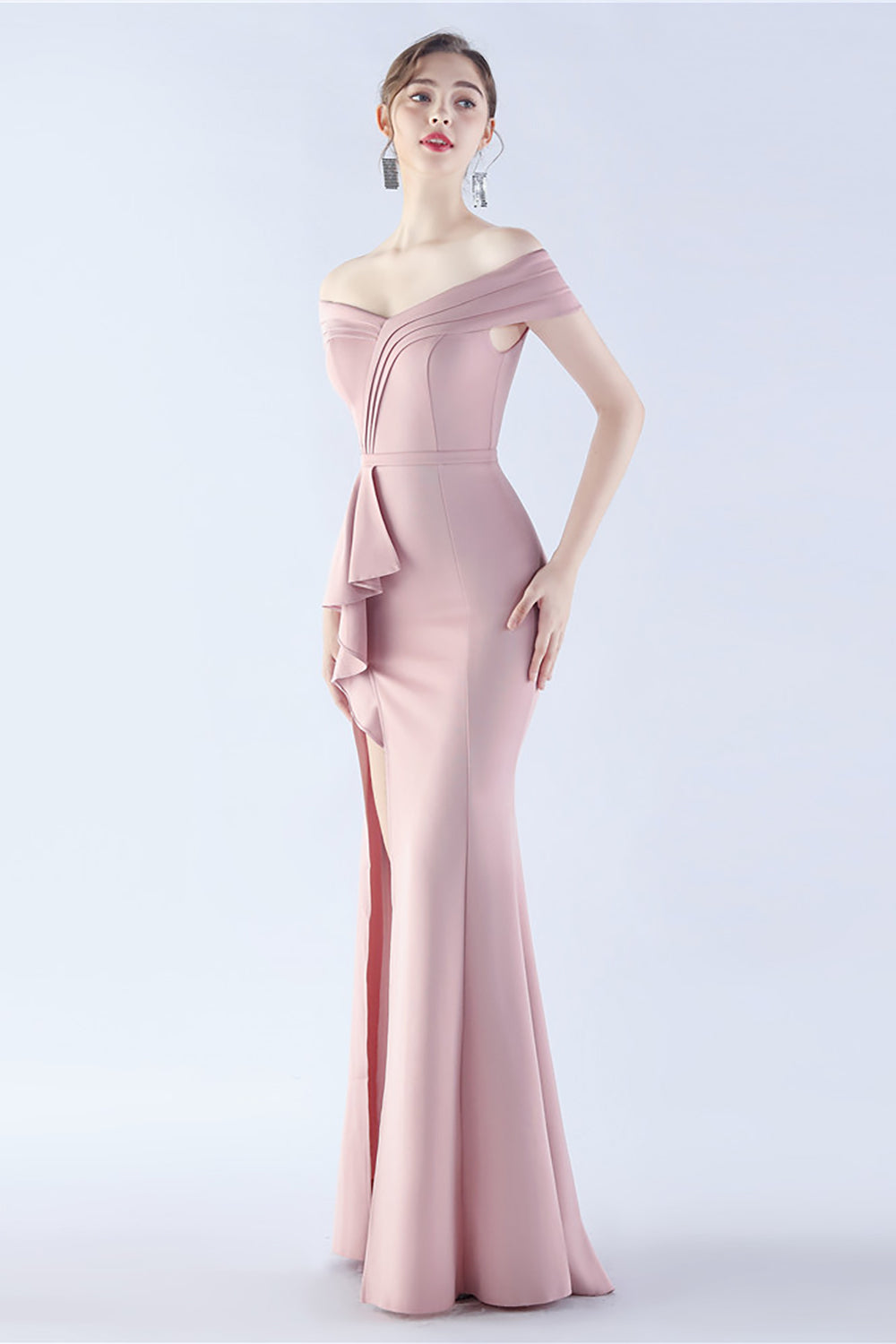 Marineblaues schulterfreies Meerjungfrauen Kleid mit Schlitz