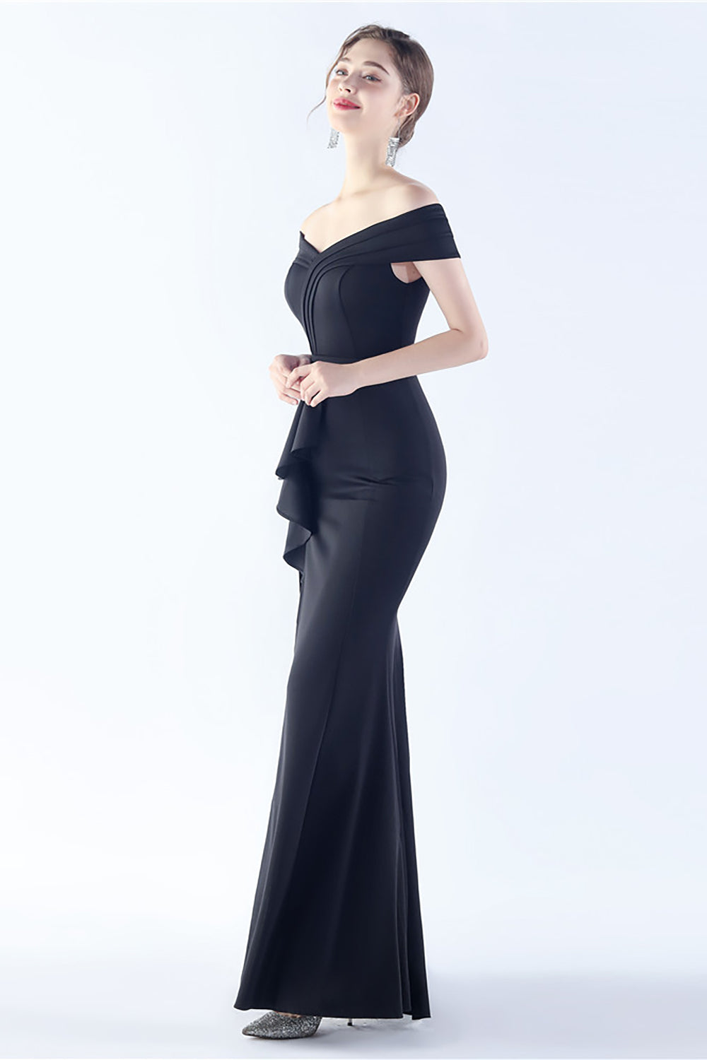 Marineblaues schulterfreies Meerjungfrauen Kleid mit Schlitz