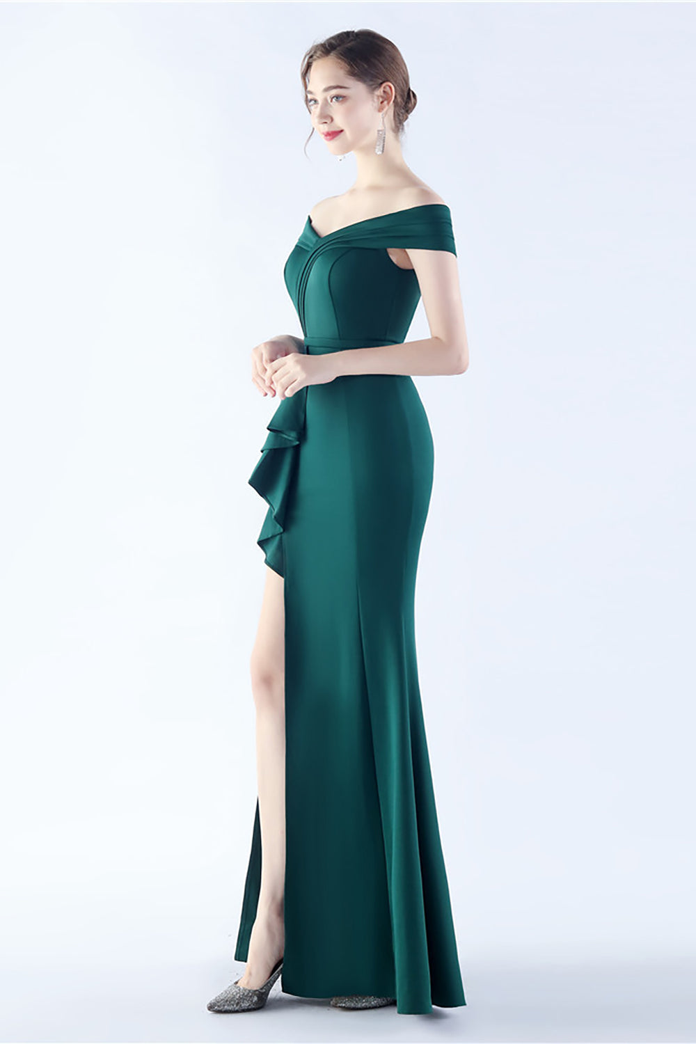 Marineblaues schulterfreies Meerjungfrauen Kleid mit Schlitz