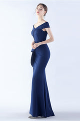 Marineblaues schulterfreies Meerjungfrauen Kleid mit Schlitz