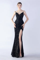 Glitzer Meerjungfrau Spaghettiträger Perlen Schwarzes Ballkleid mit Schlitz
