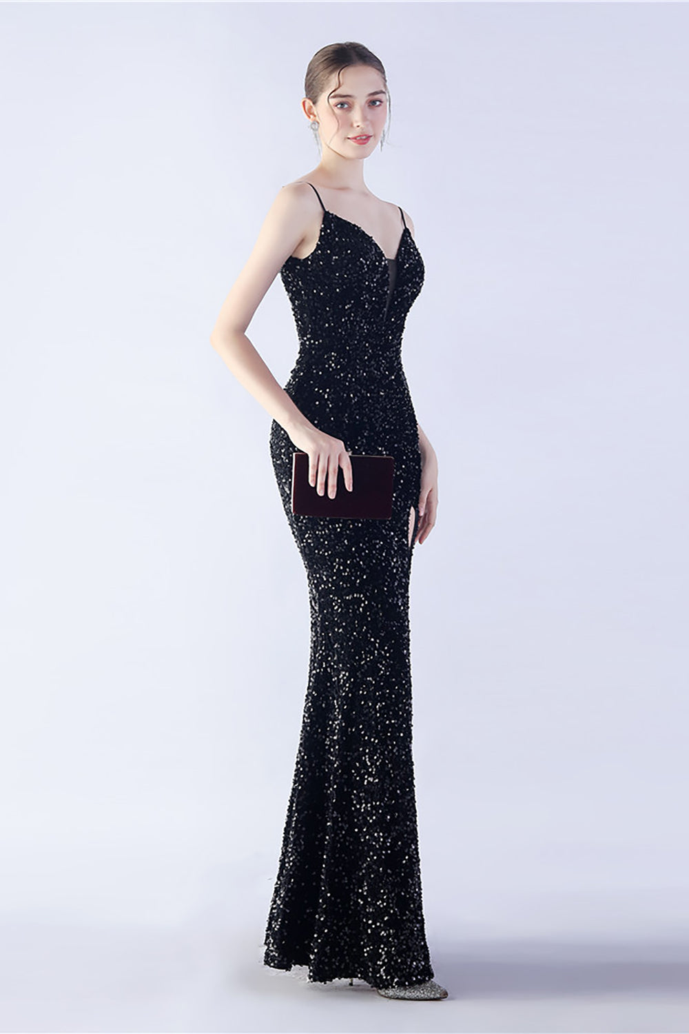 Glitzer Meerjungfrau Spaghettiträger Perlen Schwarzes Ballkleid mit Schlitz