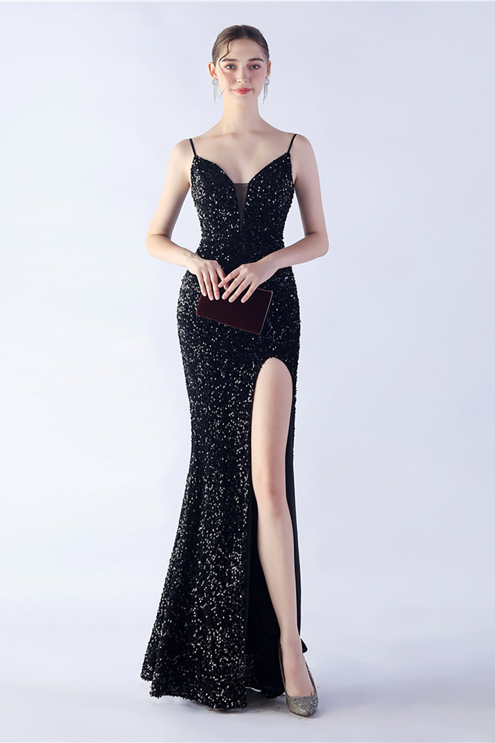 Glitzer Meerjungfrau Spaghettiträger Perlen Schwarzes Ballkleid mit Schlitz