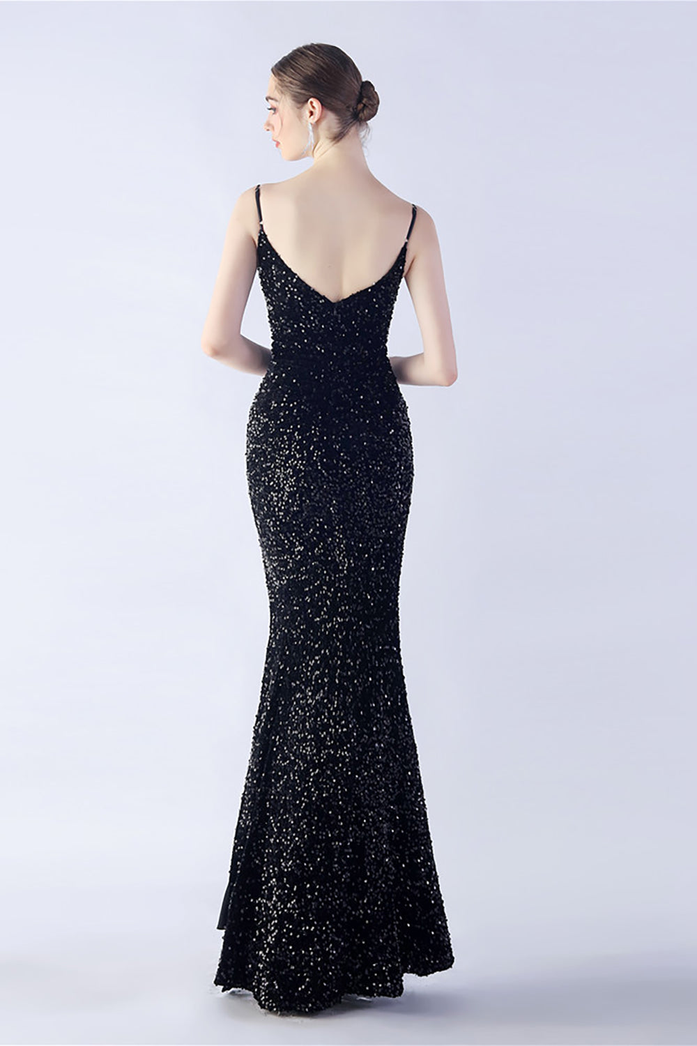 Glitzer Meerjungfrau Spaghettiträger Perlen Schwarzes Ballkleid mit Schlitz