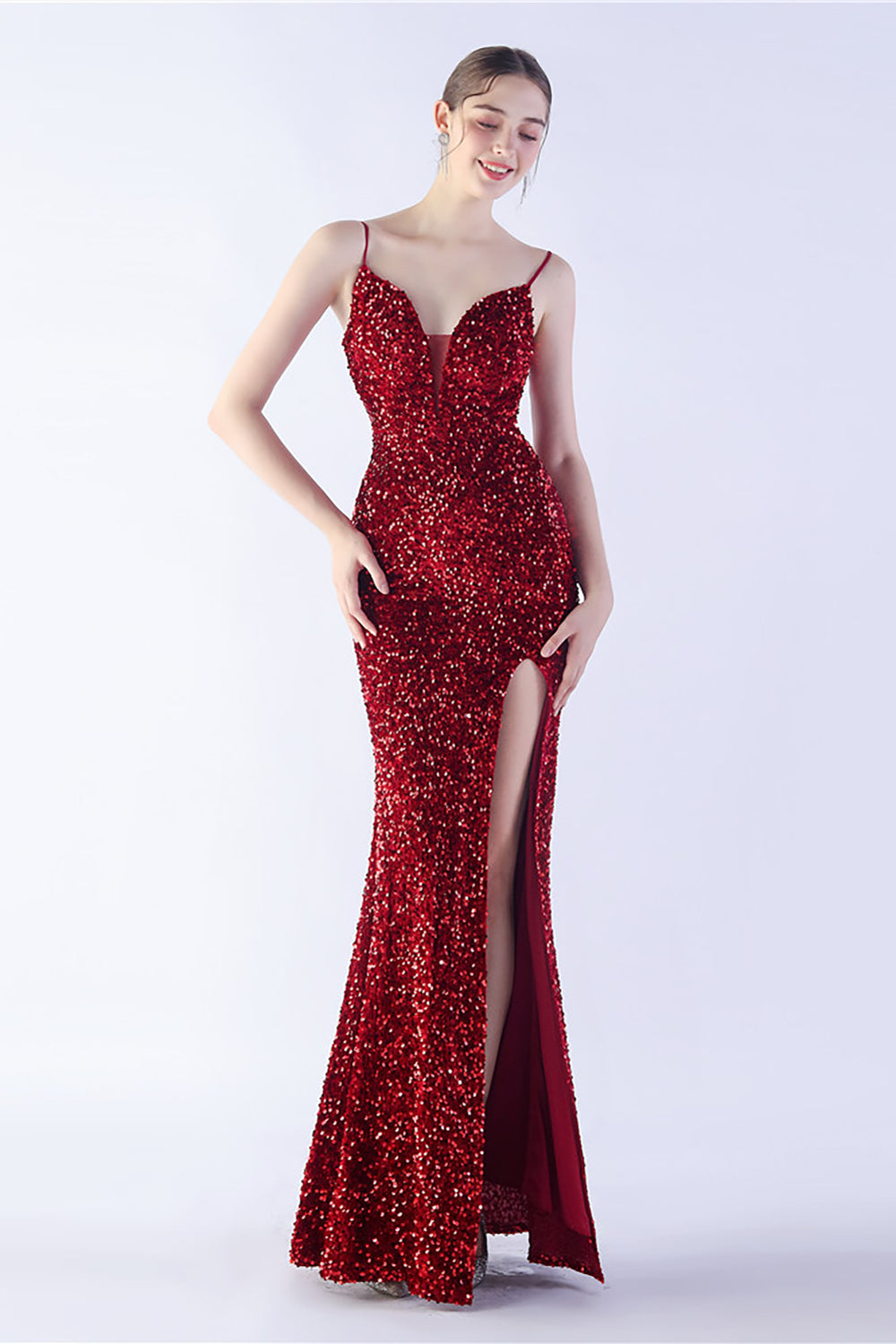 Glitzer Meerjungfrau Spaghettiträger Perlen Schwarzes Ballkleid mit Schlitz