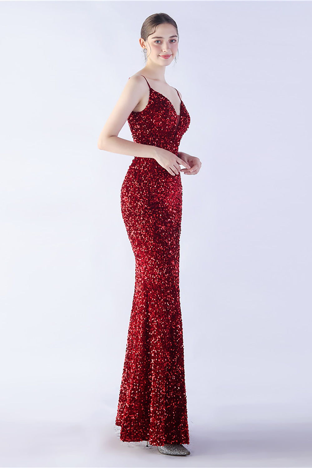 Glitzer Meerjungfrau Spaghettiträger Perlen Schwarzes Ballkleid mit Schlitz
