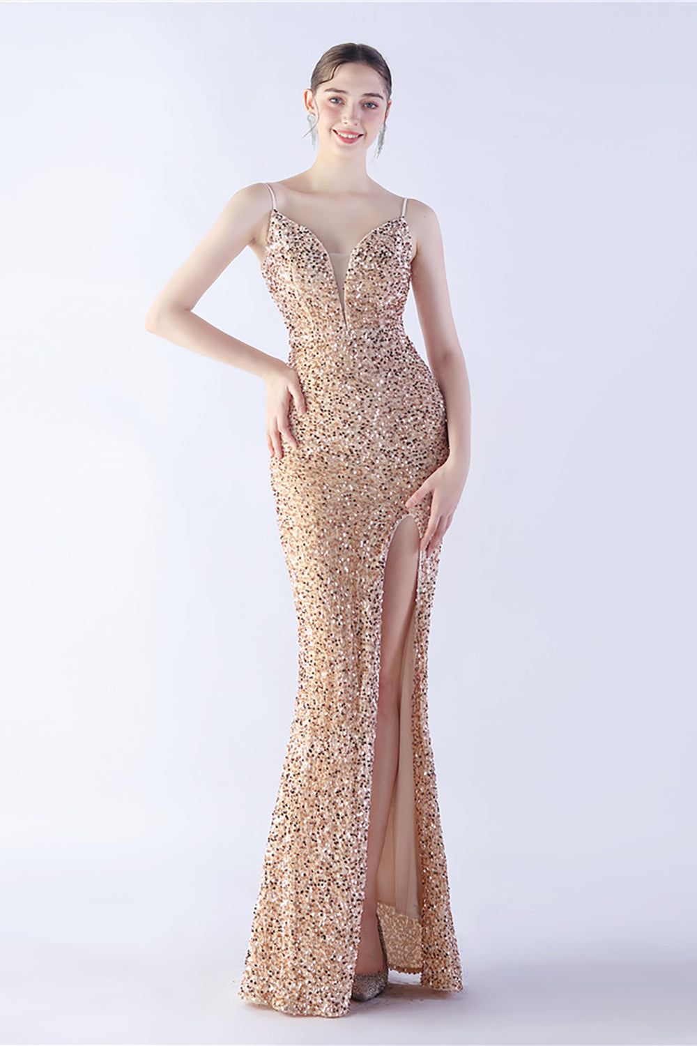 Glitzer Meerjungfrau Spaghettiträger Perlen Schwarzes Ballkleid mit Schlitz