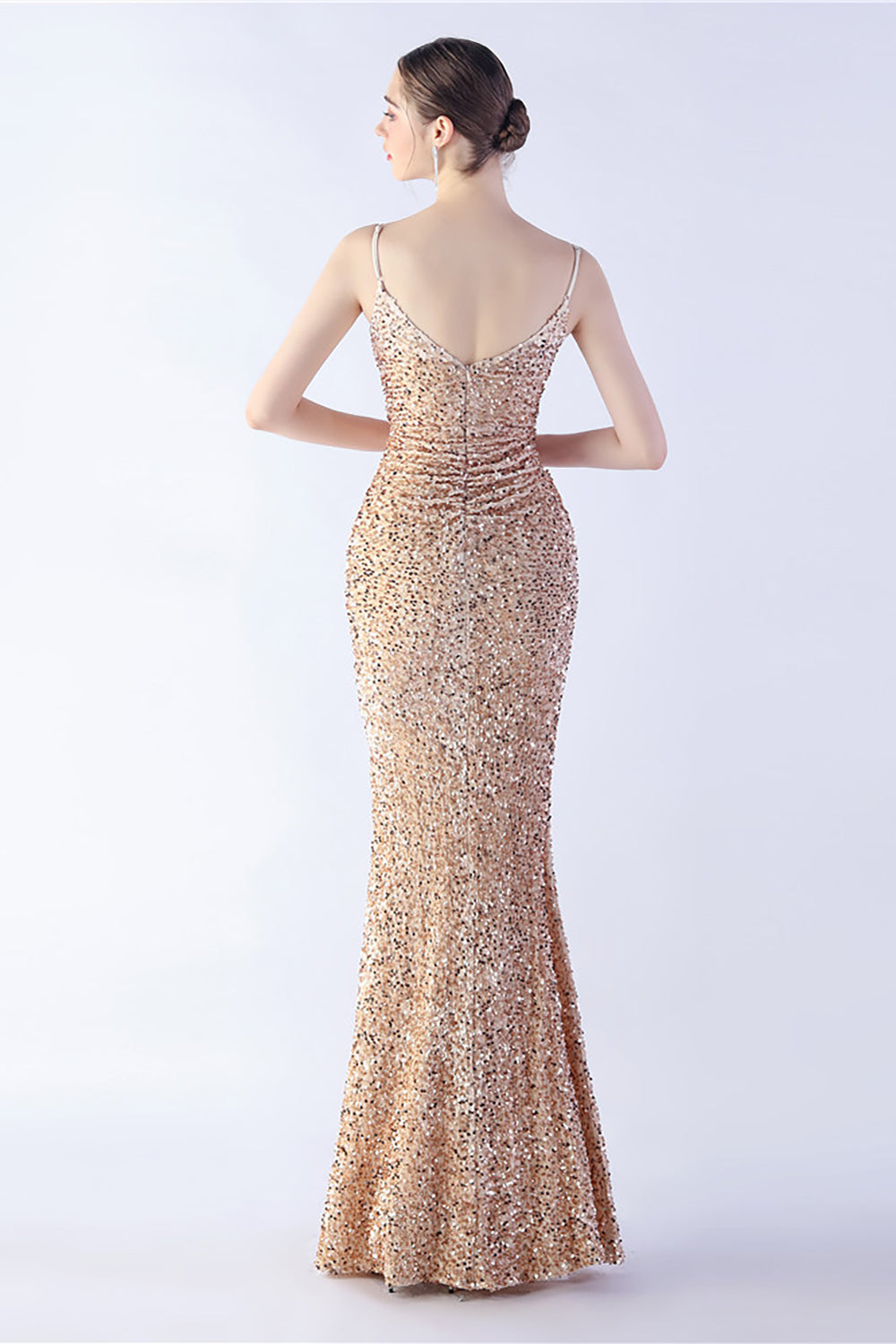 Glitzer Meerjungfrau Spaghettiträger Perlen Schwarzes Ballkleid mit Schlitz
