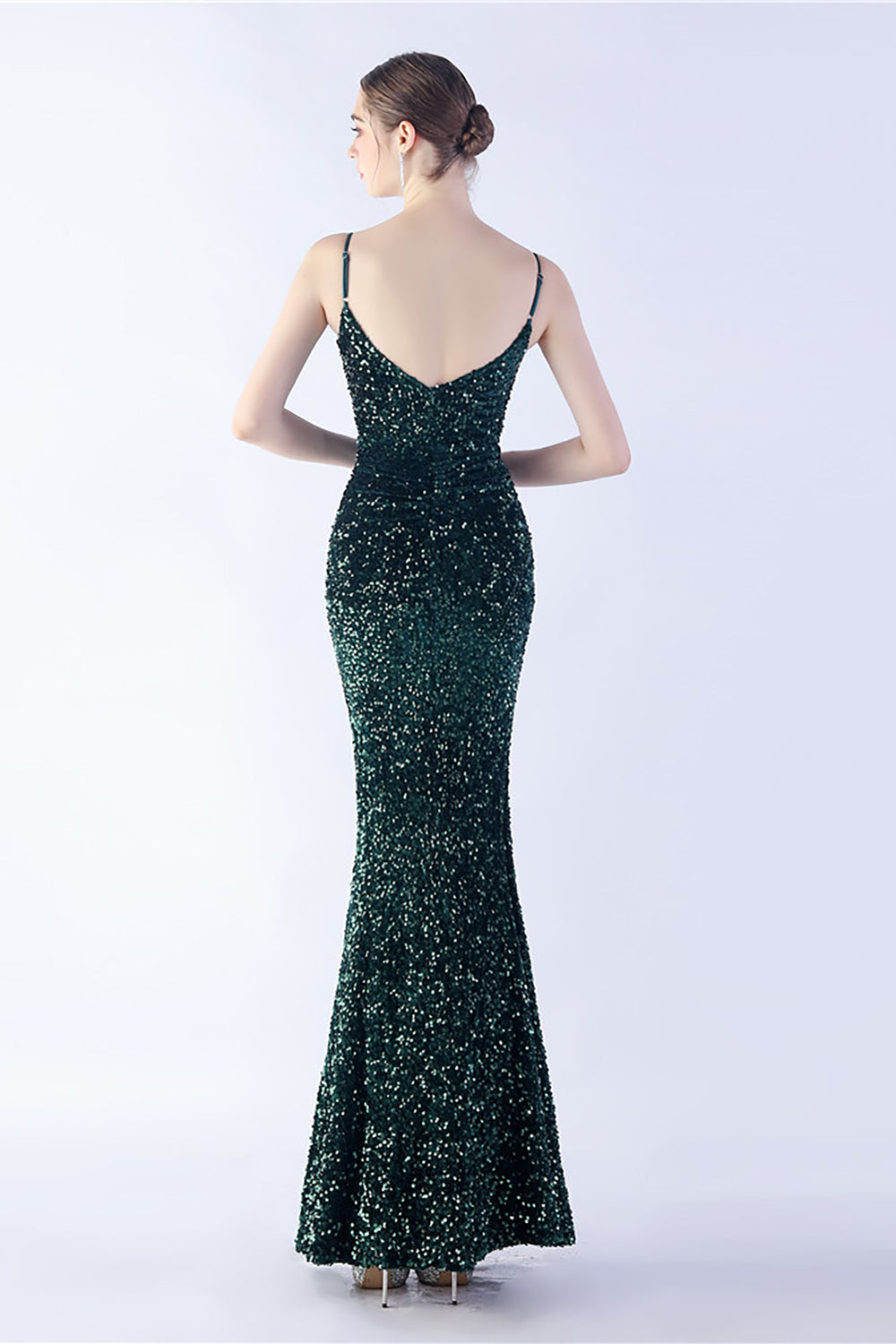 Glitzer Meerjungfrau Spaghettiträger Perlen Schwarzes Ballkleid mit Schlitz