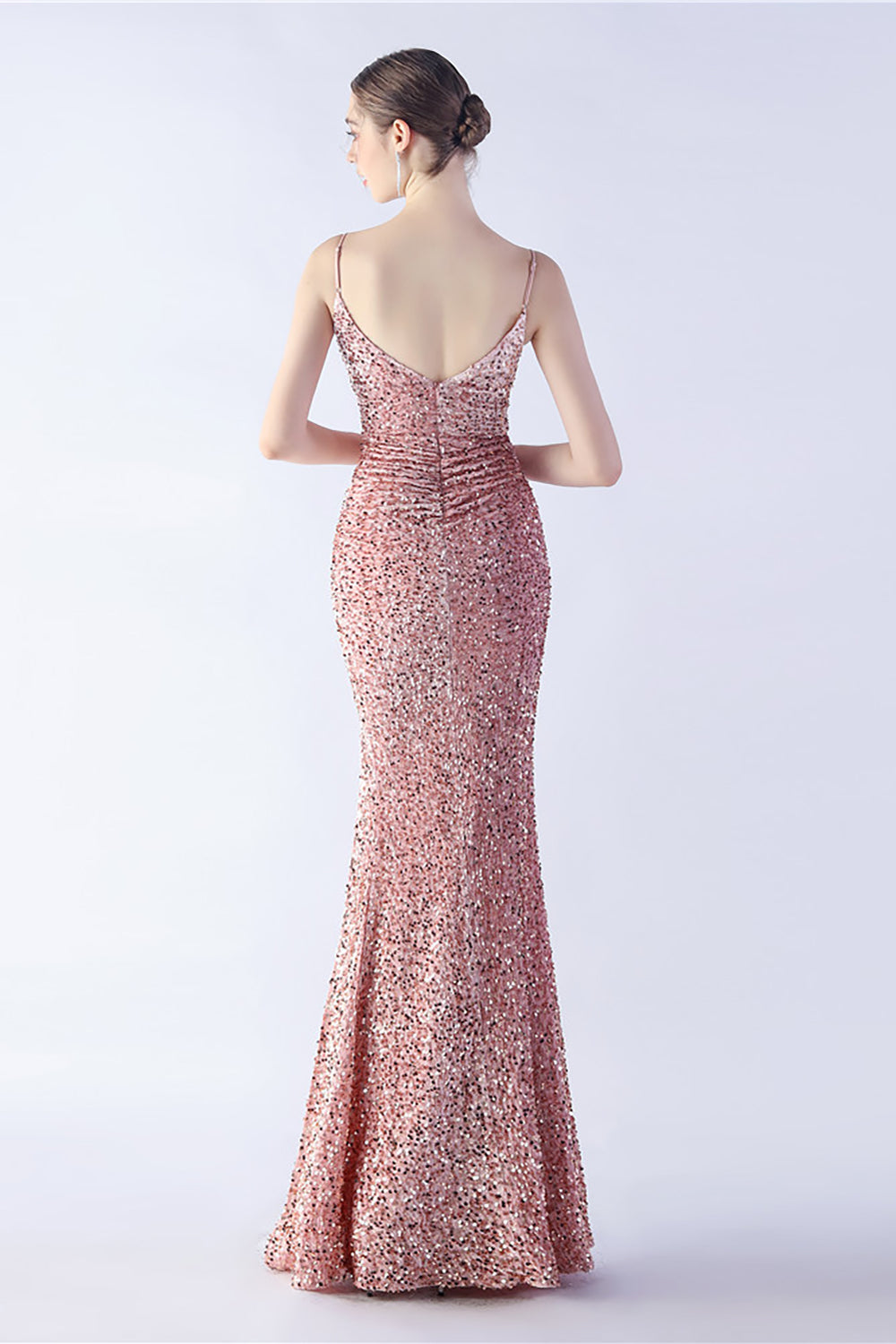 Glitzer Meerjungfrau Spaghettiträger Perlen Schwarzes Ballkleid mit Schlitz