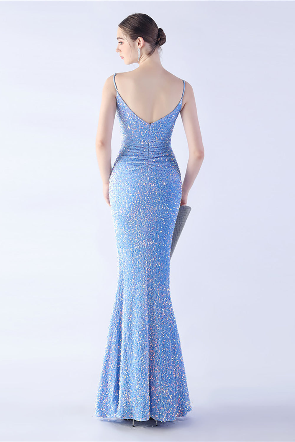 Glitzer Meerjungfrau Spaghettiträger Perlen Schwarzes Ballkleid mit Schlitz