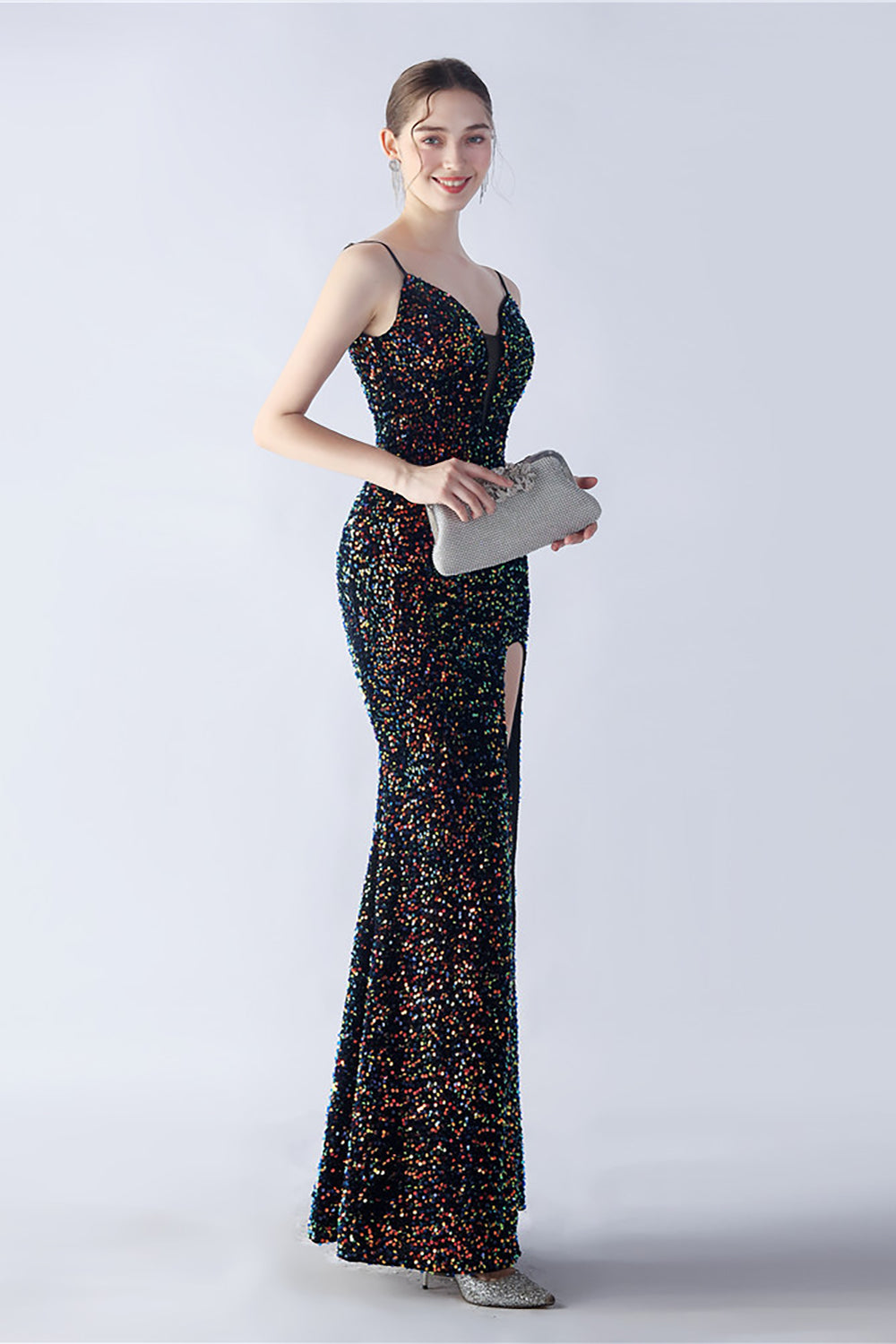Glitzer Meerjungfrau Spaghettiträger Perlen Schwarzes Ballkleid mit Schlitz