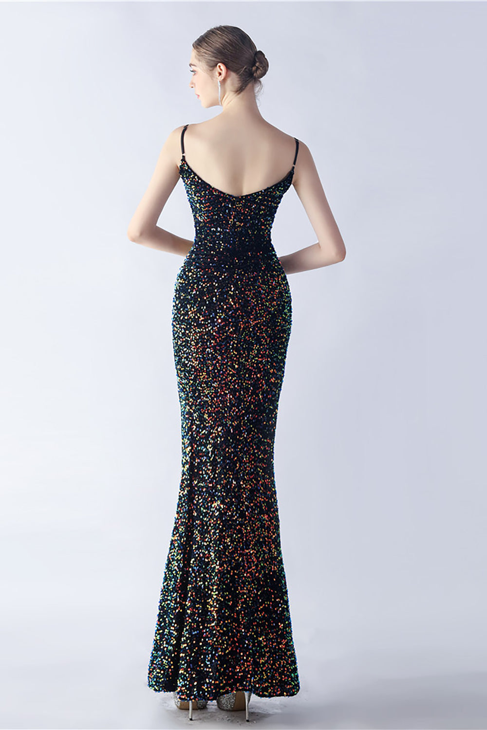 Glitzer Meerjungfrau Spaghettiträger Perlen Schwarzes Ballkleid mit Schlitz