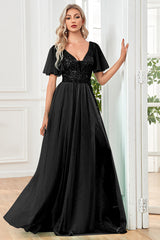 Schwarzes A-Linie Kleid mit V-Ausschnitt und Pailletten