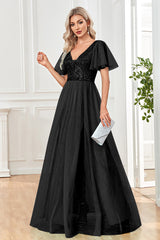 Schwarzes A-Linie Kleid mit V-Ausschnitt und Pailletten