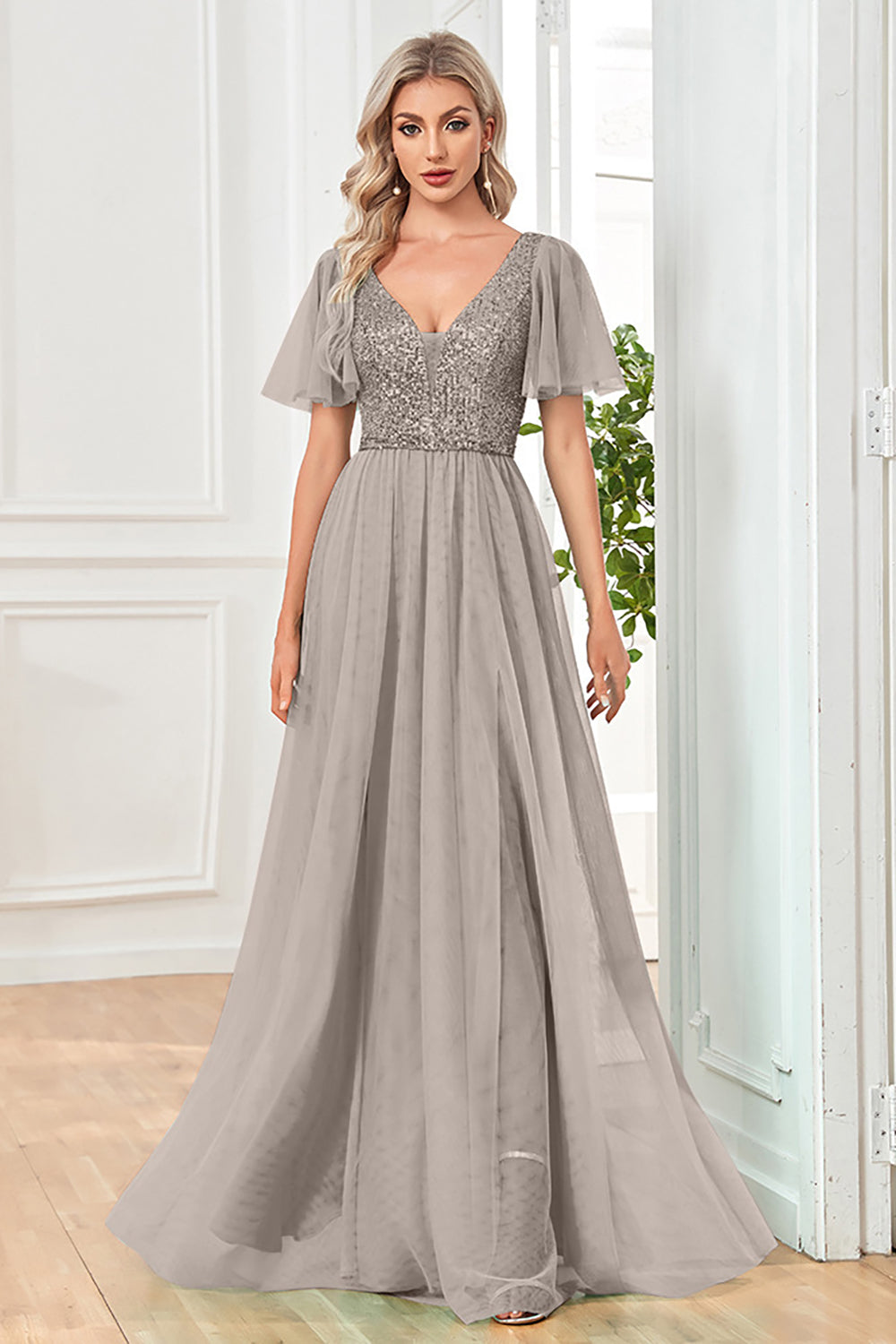 Schwarzes A-Linie Kleid mit V-Ausschnitt und Pailletten
