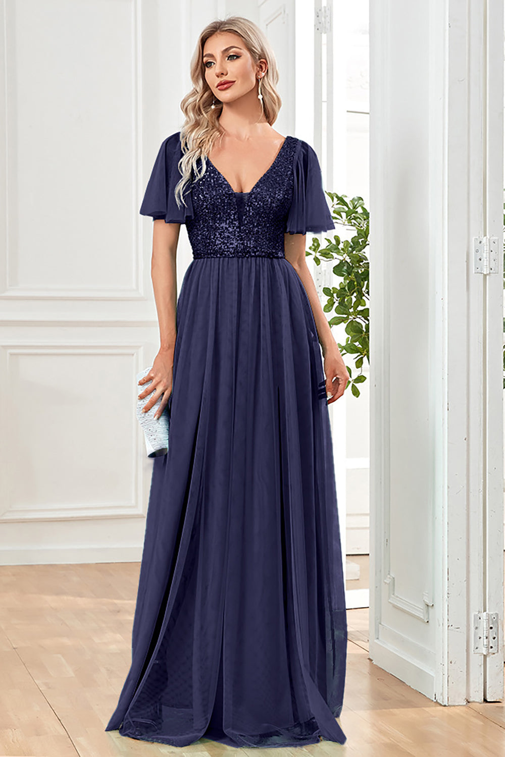 Schwarzes A-Linie Kleid mit V-Ausschnitt und Pailletten