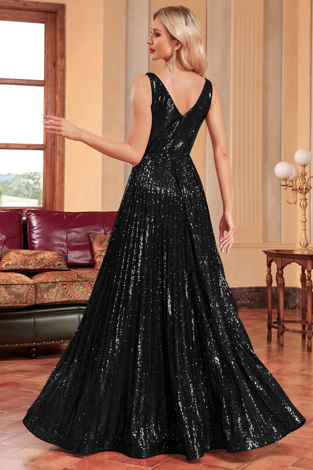 Glitzerndes schwarzes Ballkleid in A-Linie mit Pailletten