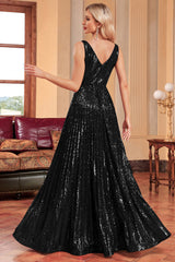 Glitzerndes schwarzes Ballkleid in A-Linie mit Pailletten