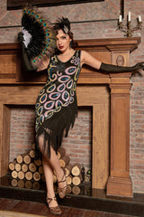 Schwarz blau Asymmetrisches V-Ausschnitt Flapperkleid aus den 1920er Jahren