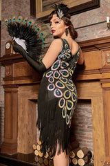 Schwarz blau Asymmetrisches V-Ausschnitt Flapperkleid aus den 1920er Jahren