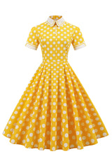 Gelbes Polka Dots Frühlingskleid der 1950er Jahre