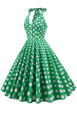 Grünes Neckholder Polka Dots Kleid aus den 1950er Jahren