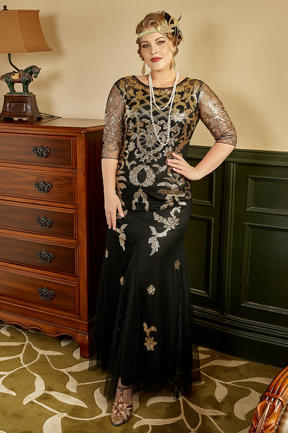Schwarzes goldenes Übergröße 1920er Jahre Paillettenkleid