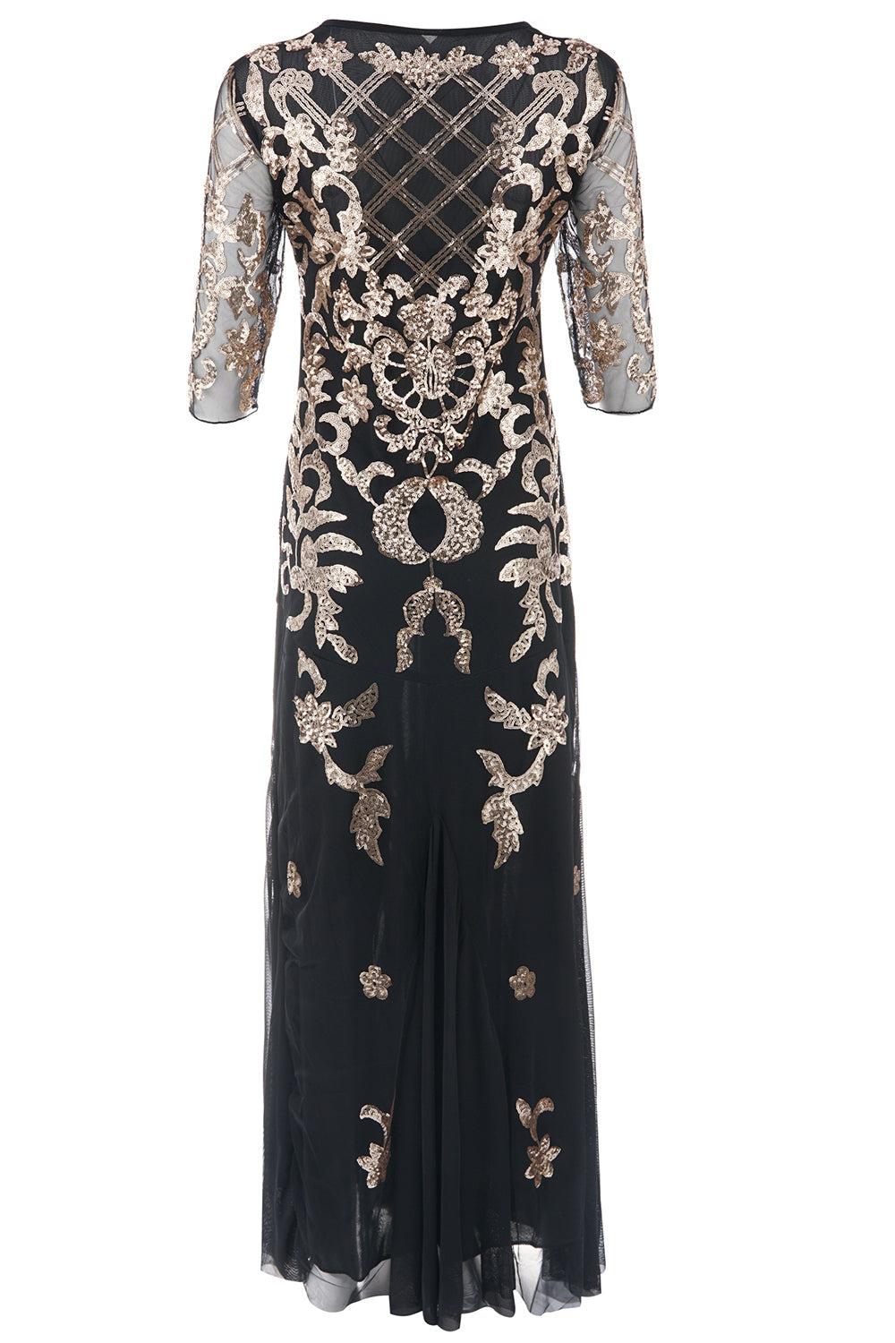 Schwarzes goldenes Pailletten Kleid aus den 1920er Jahren