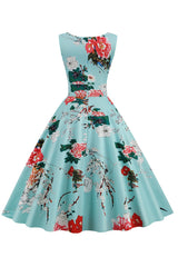 Hellblaues V-Ausschnitt 1950er Jahre Vintage Kleid