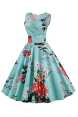 Hellblaues V-Ausschnitt 1950er Jahre Vintage Kleid