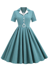 Vintage V Ausschnitt Blau kariertes Kleid aus den 1950er Jahren