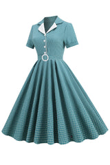 Vintage V Ausschnitt Blau kariertes Kleid aus den 1950er Jahren