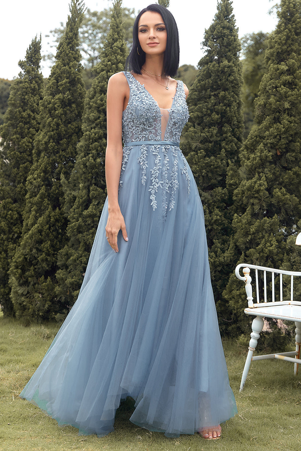 A-Linie Langes blaues Ballkleid mit Applikationen
