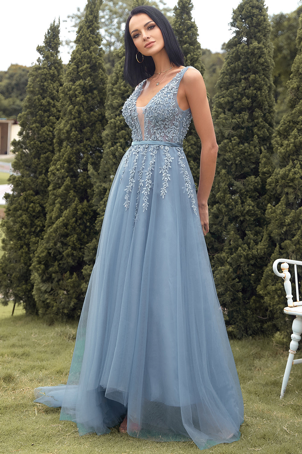 A-Linie Langes blaues Ballkleid mit Applikationen