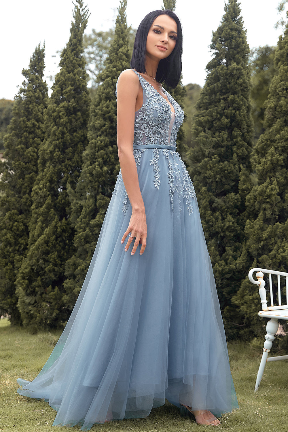 A-Linie Langes blaues Ballkleid mit Applikationen
