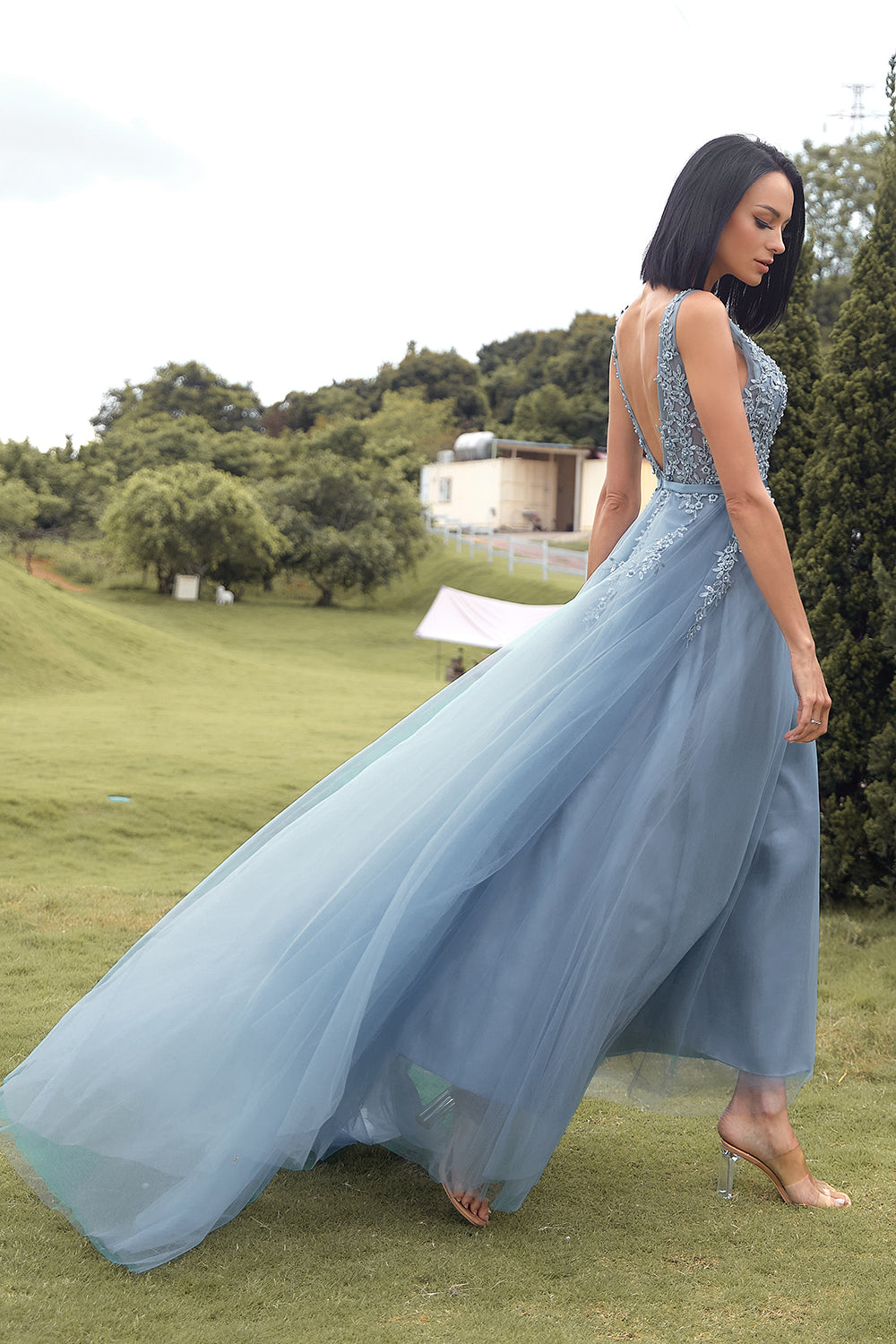 A-Linie Langes blaues Ballkleid mit Applikationen