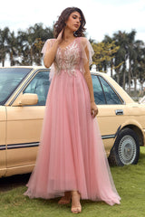 A Linie V Ausschnitt Blush Langes Ballkleid mit Applikationen