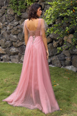 A Linie V Ausschnitt Blush Langes Ballkleid mit Applikationen