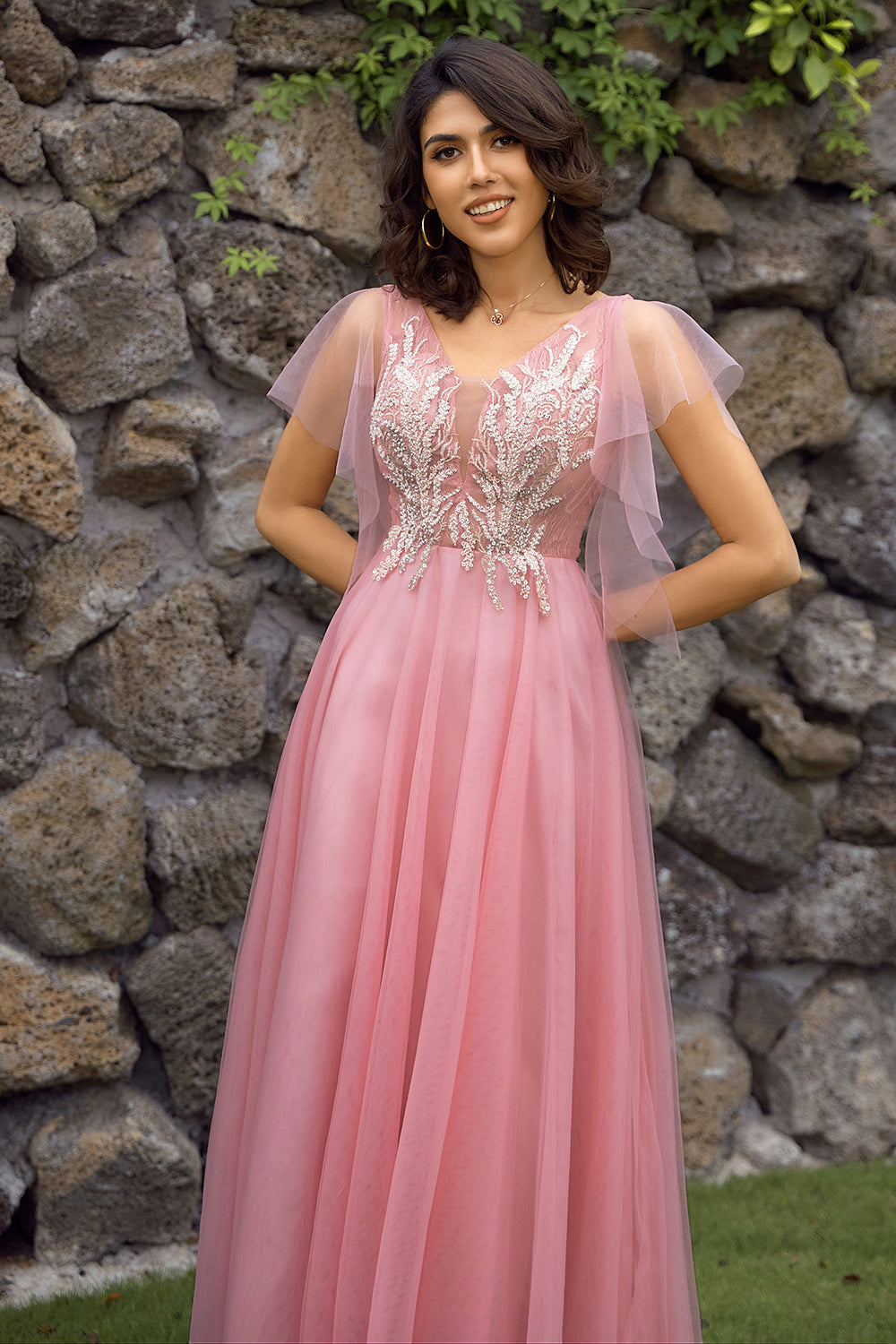 A Linie V Ausschnitt Blush Langes Ballkleid mit Applikationen
