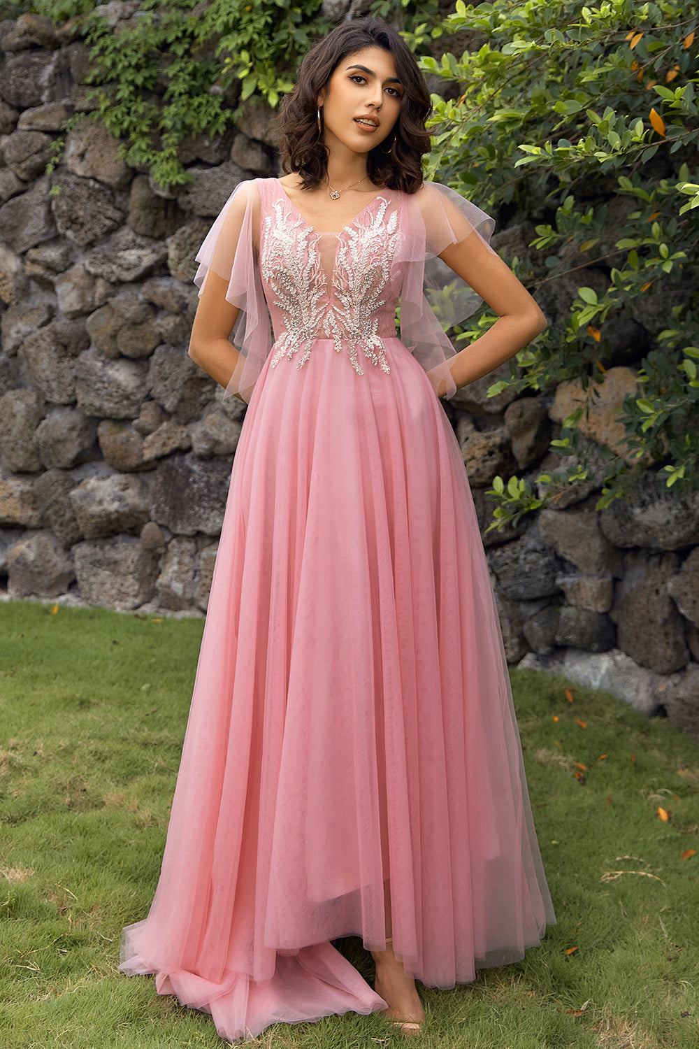A Linie V Ausschnitt Blush Langes Ballkleid mit Applikationen