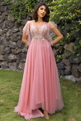 A Linie V Ausschnitt Blush Langes Ballkleid mit Applikationen