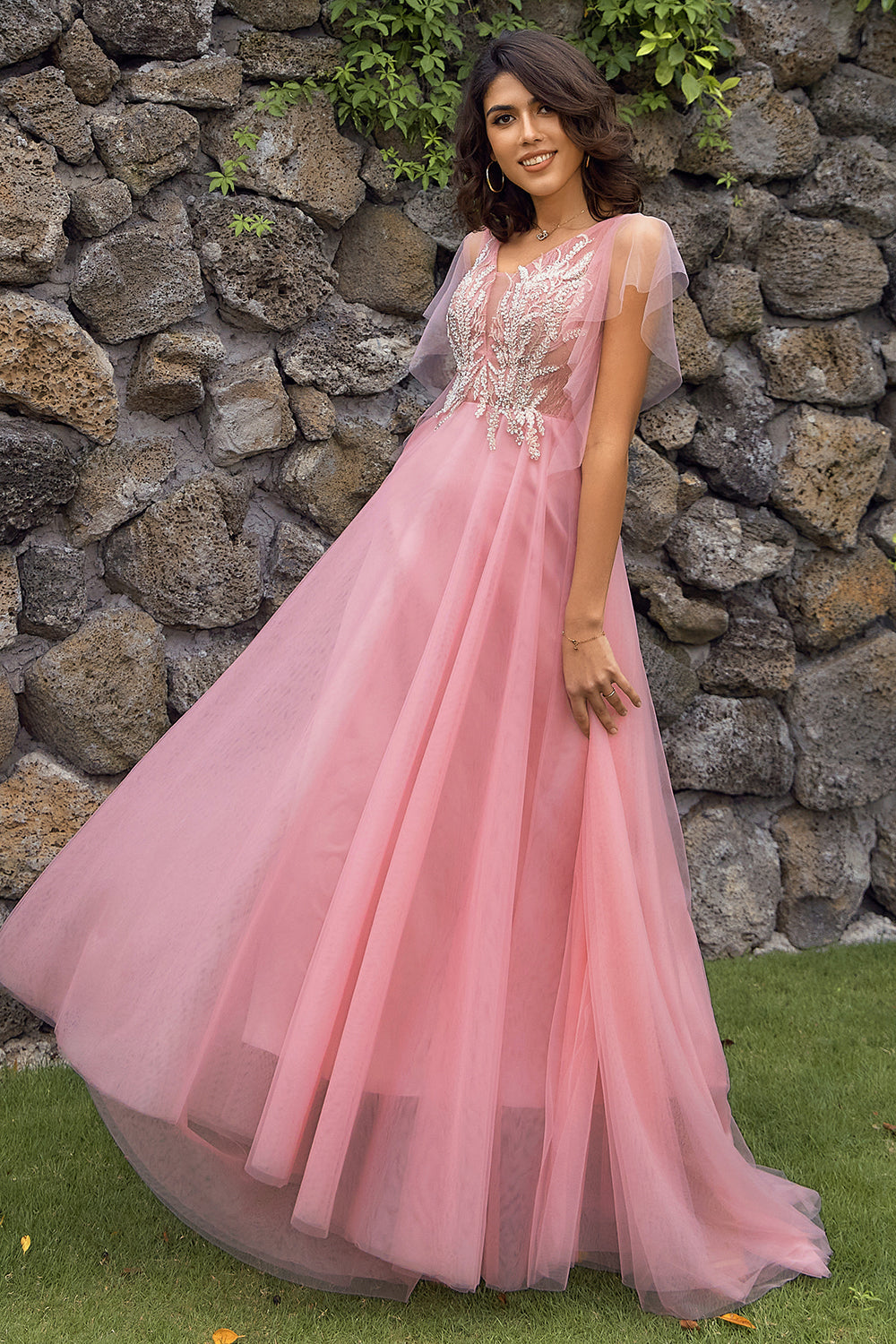 A Linie V Ausschnitt Blush Langes Ballkleid mit Applikationen