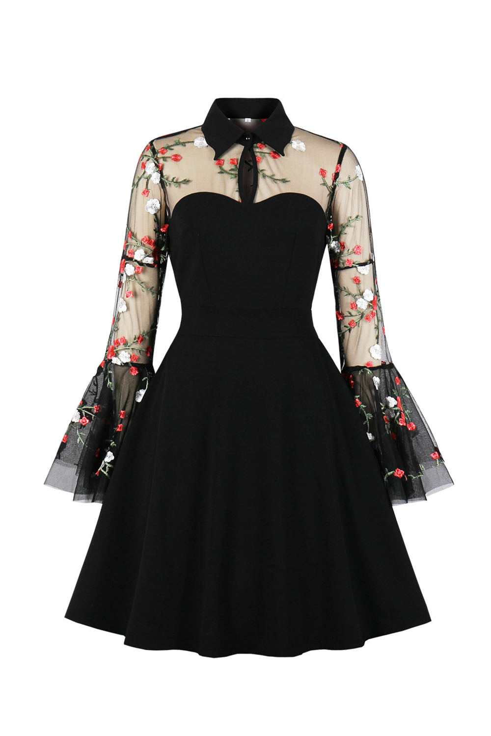 Schwarzes Langarm Halloween Kleid mit Stickerei