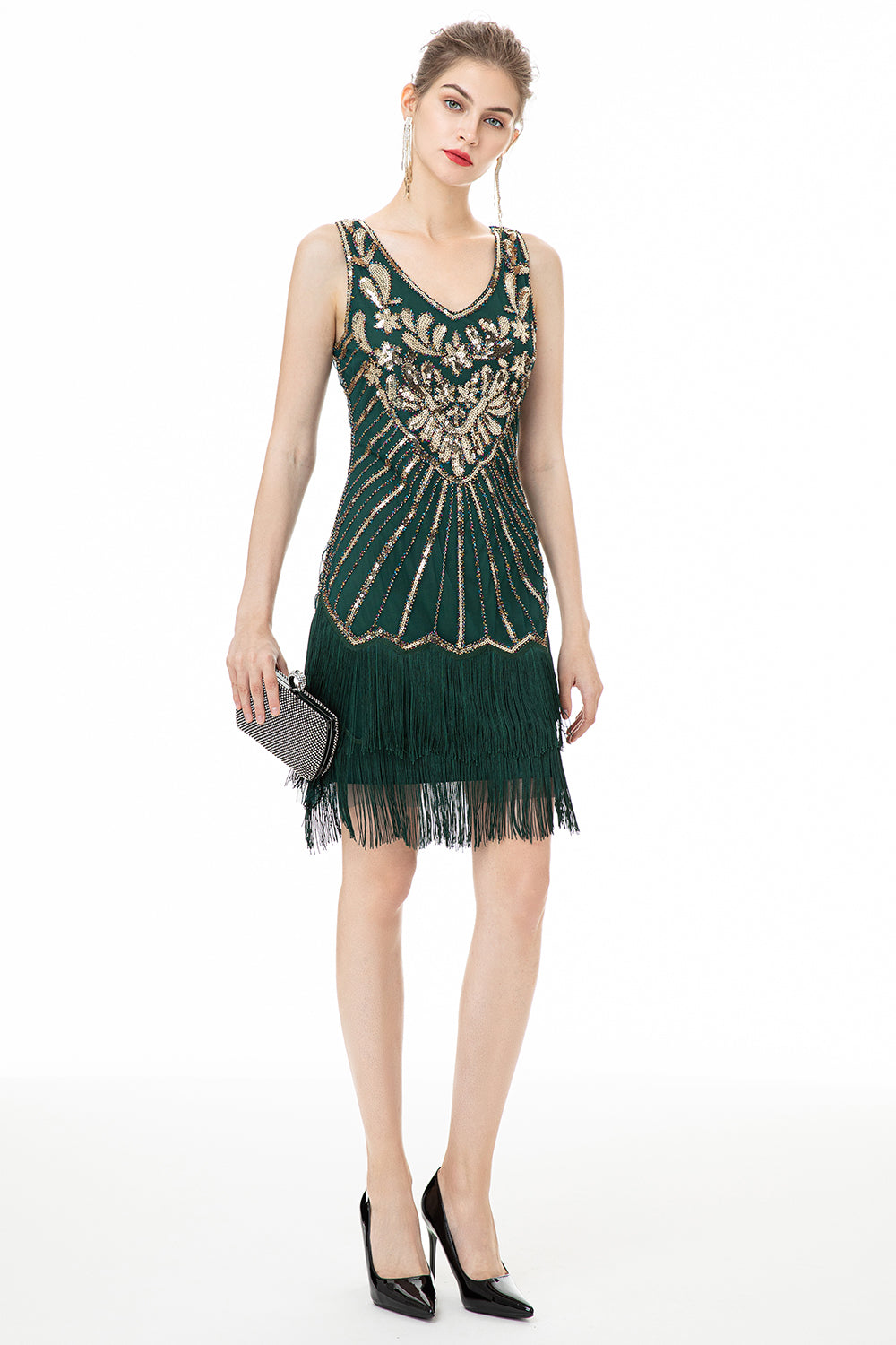 Grüne Pailletten Fransen Kleid aus den 1920er Jahren
